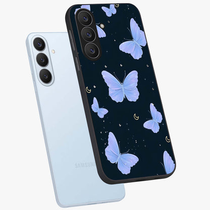 Butterfly With Stars Pattern Glass Case displayed in angled mockup highlighting dreamy butterfly and star design with aesthetic theme.