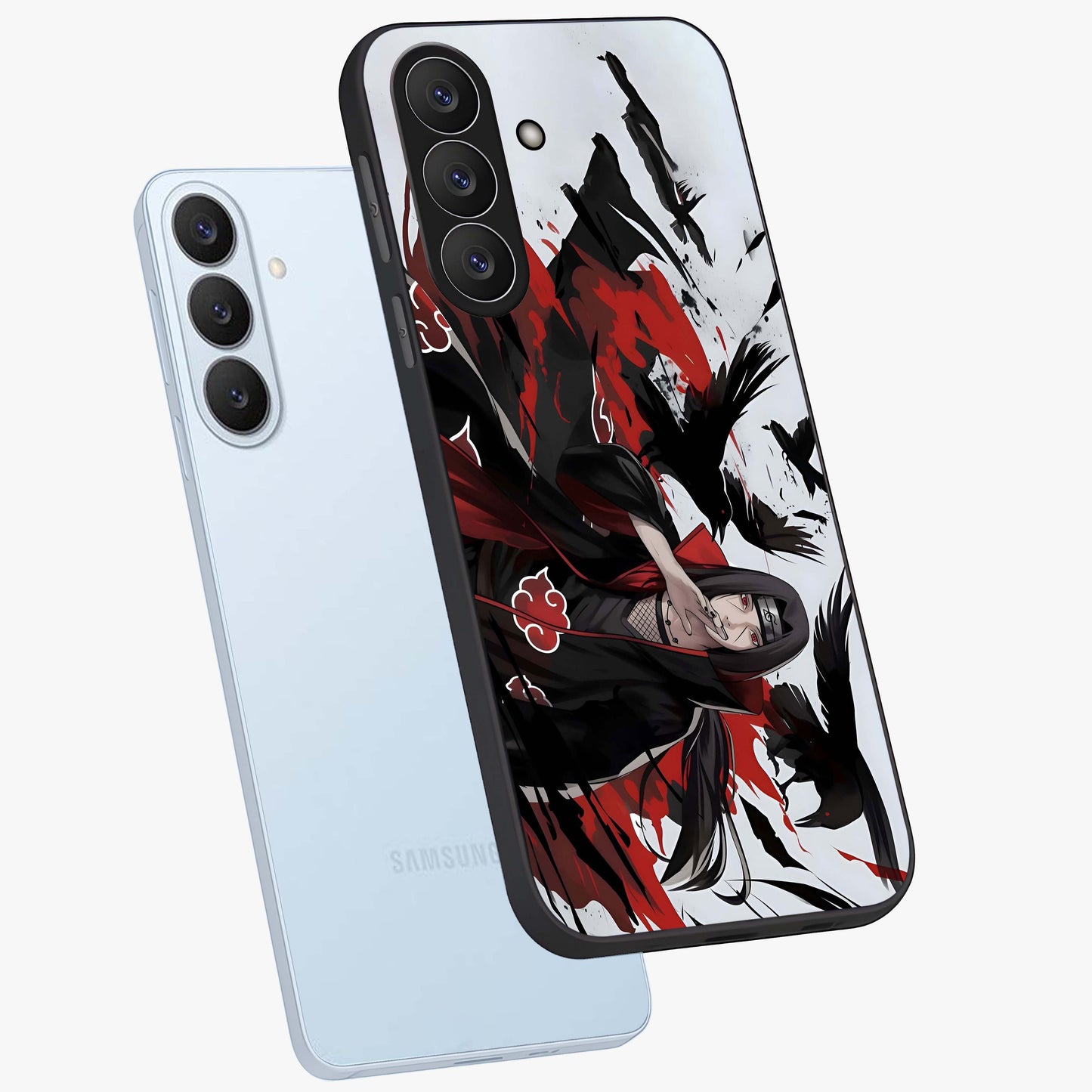 Crimson Crow Illusion Glass Case displayed in angled mockup highlighting mysterious crow graphic with dark aesthetic style.