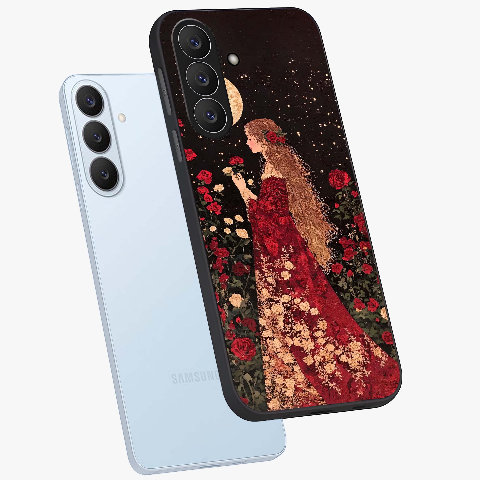 Crimson Dreams Glass Case displayed in angled mockup highlighting soft crimson aesthetic design with artistic theme.