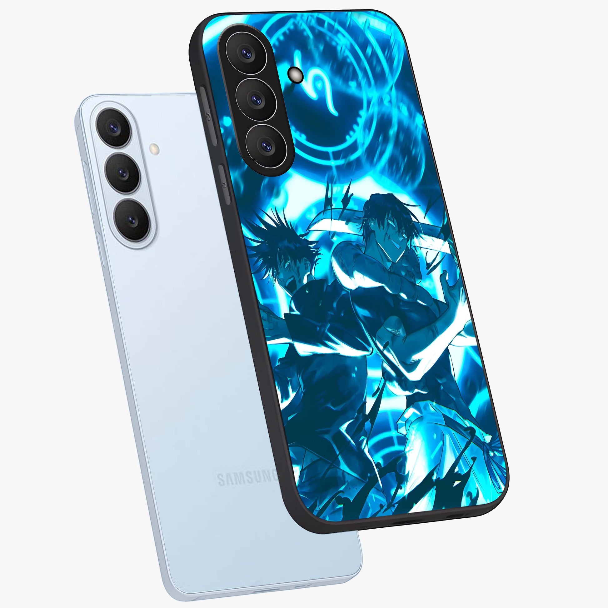 Cursed Energy Clash Glass Case displayed in angled mockup highlighting powerful battle inspired graphic with anime style aesthetic.