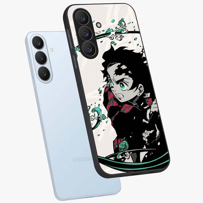 Demon Slayer Glass Case displayed in angled mockup highlighting dramatic anime character design with action aesthetic.