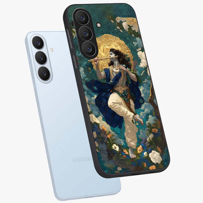 Divine Krishna Art Glass Case displayed in angled mockup highlighting spiritual Krishna illustration with devotional aesthetic.