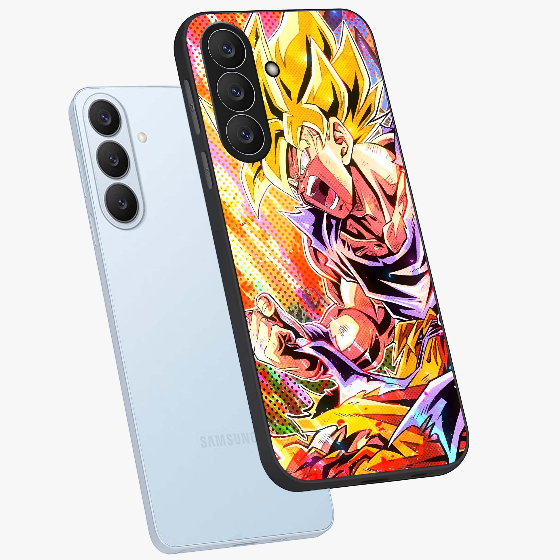 Firing Goku Glass Case displayed in angled mockup highlighting dynamic anime character design with action aesthetic.
