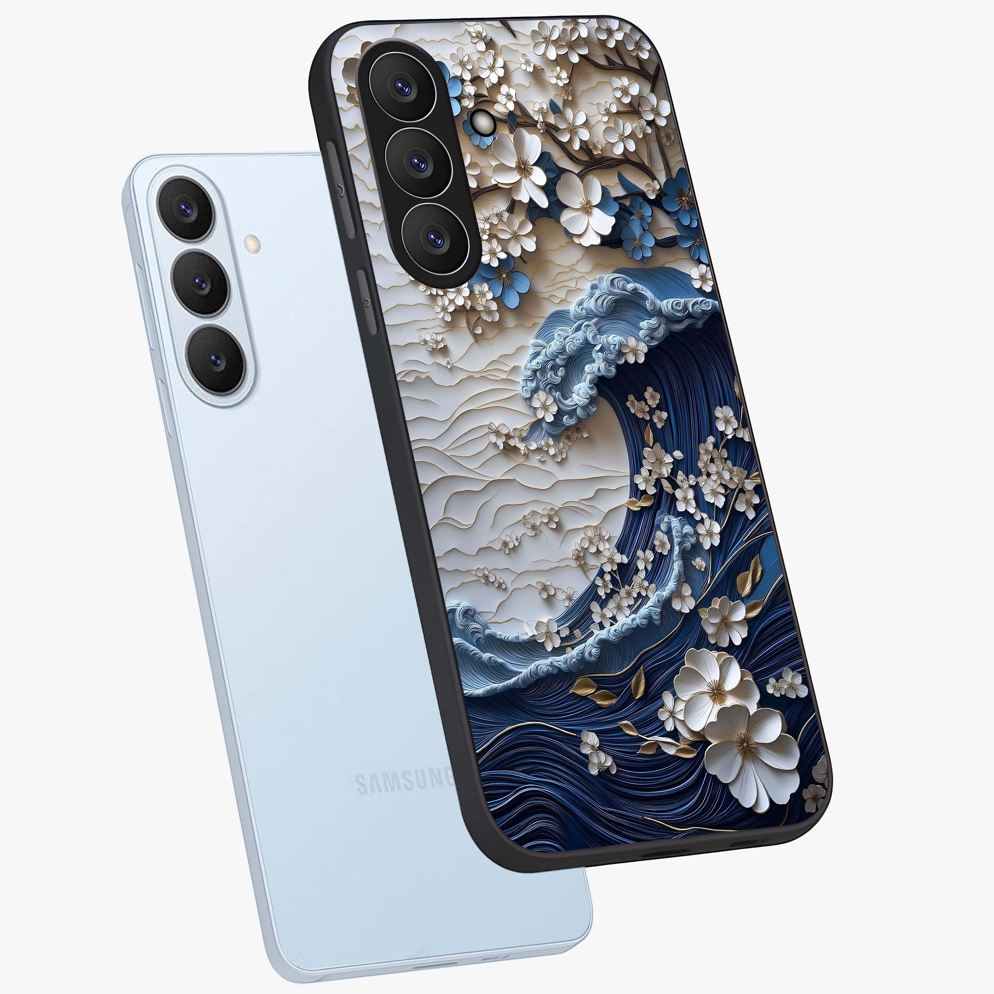 Floral Wave Origami Glass Case displayed in angled mockup highlighting geometric origami flower design with modern aesthetic style.