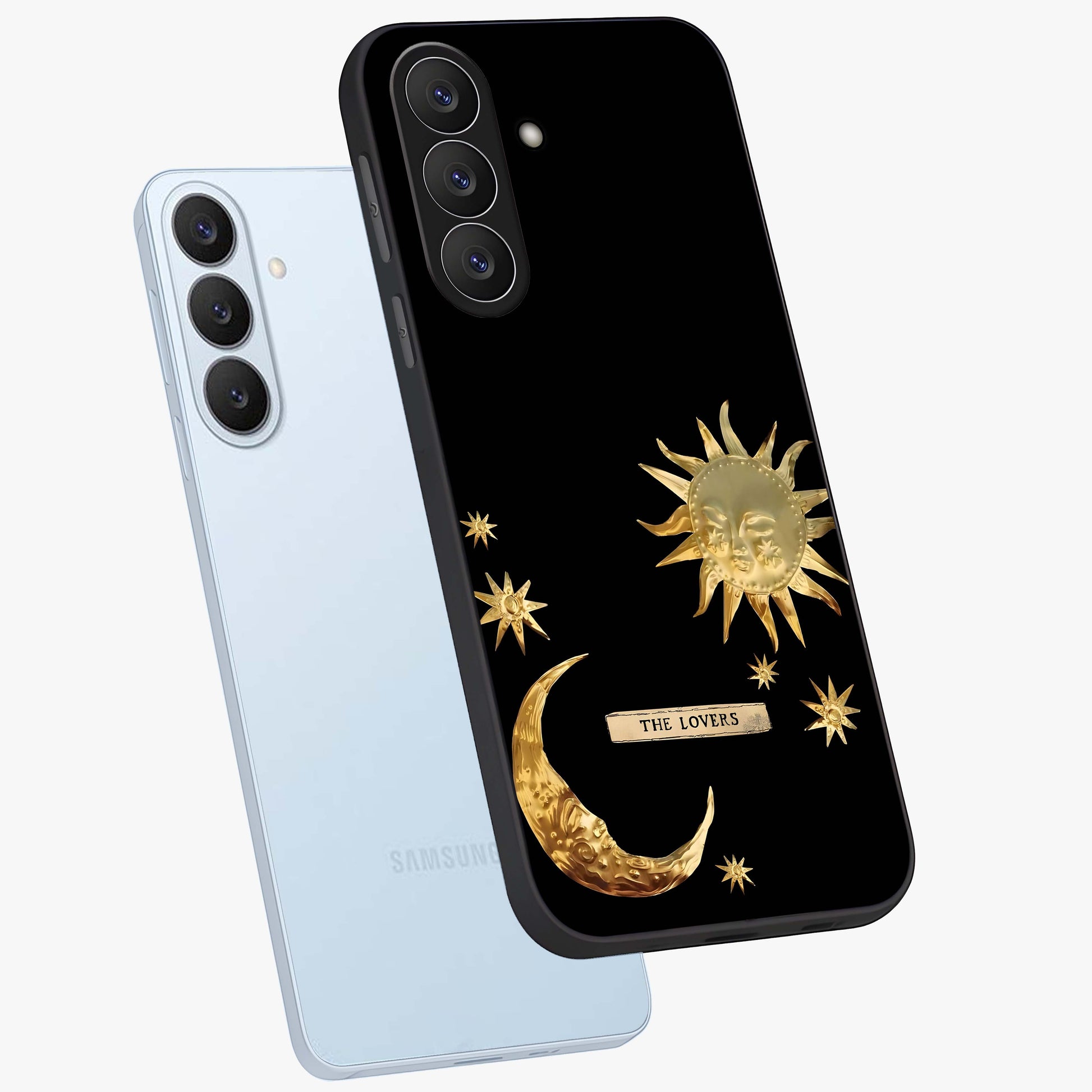 Golden Celestial Charm Glass Case displayed in angled mockup highlighting sparkling cosmic charm design with celestial aesthetic.