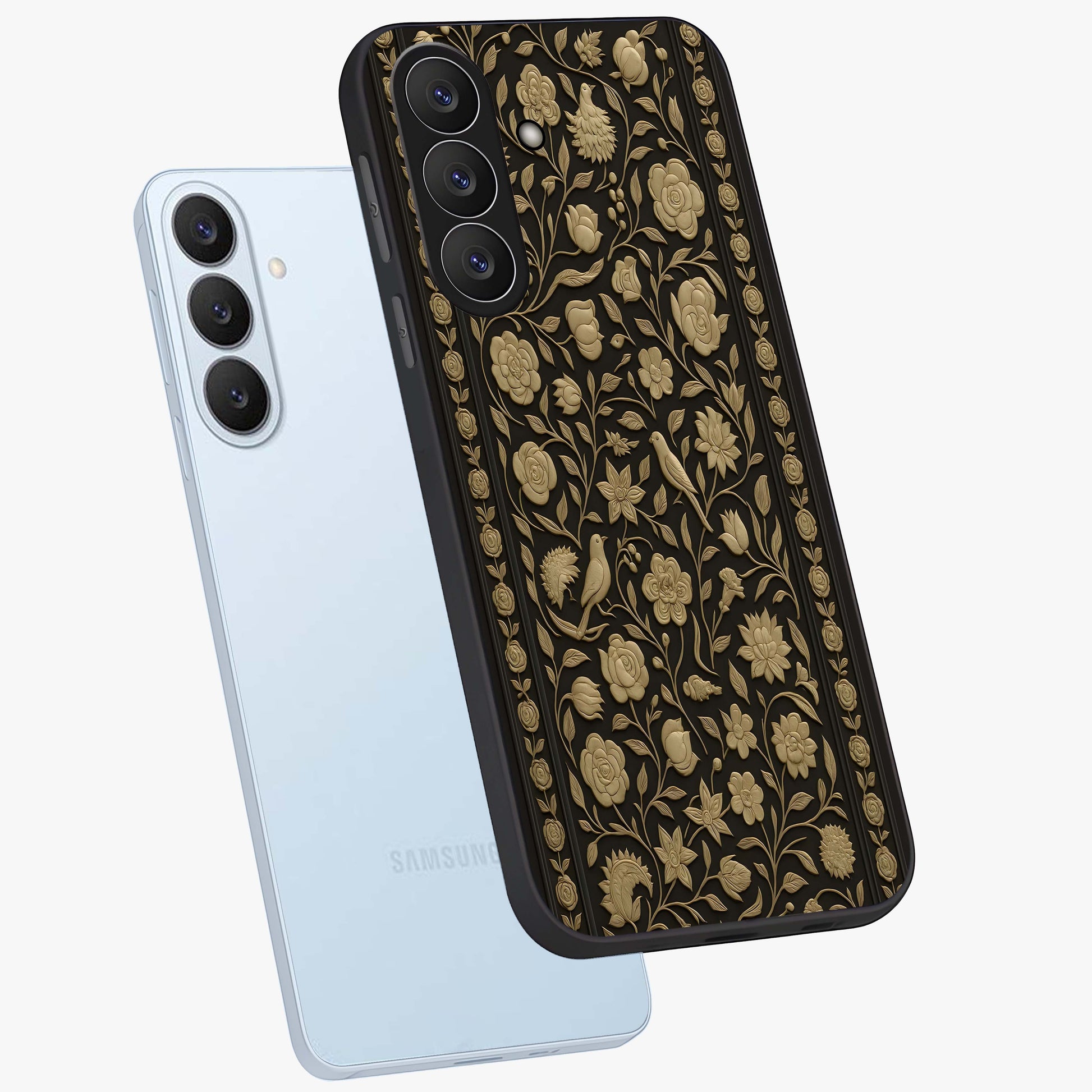 Golden Floral Majesty Glass Case displayed in angled mockup highlighting elegant flower design with royal golden aesthetic.