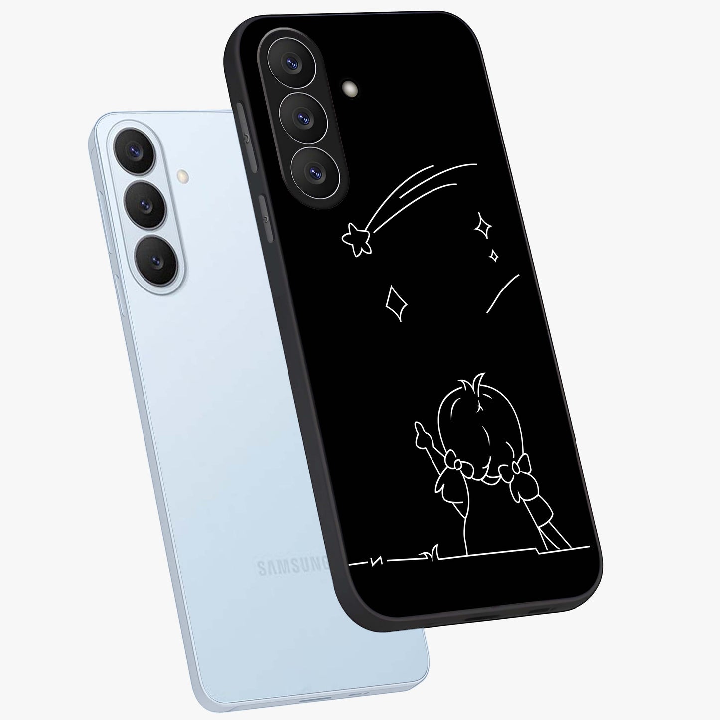 Line Art Girl With Shooting Stars Glass Case displayed in angled mockup highlighting elegant line art design with dreamy star aesthetic.