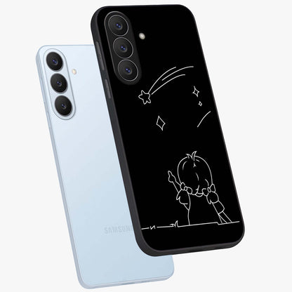 Line Art Girl With Shooting Stars Glass Case displayed in angled mockup highlighting elegant line art design with dreamy star aesthetic.