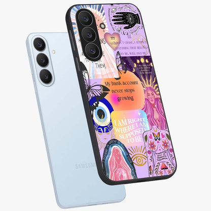 Manifestation Collage Glass Case displayed in angled mockup highlighting inspirational aesthetic collage design.