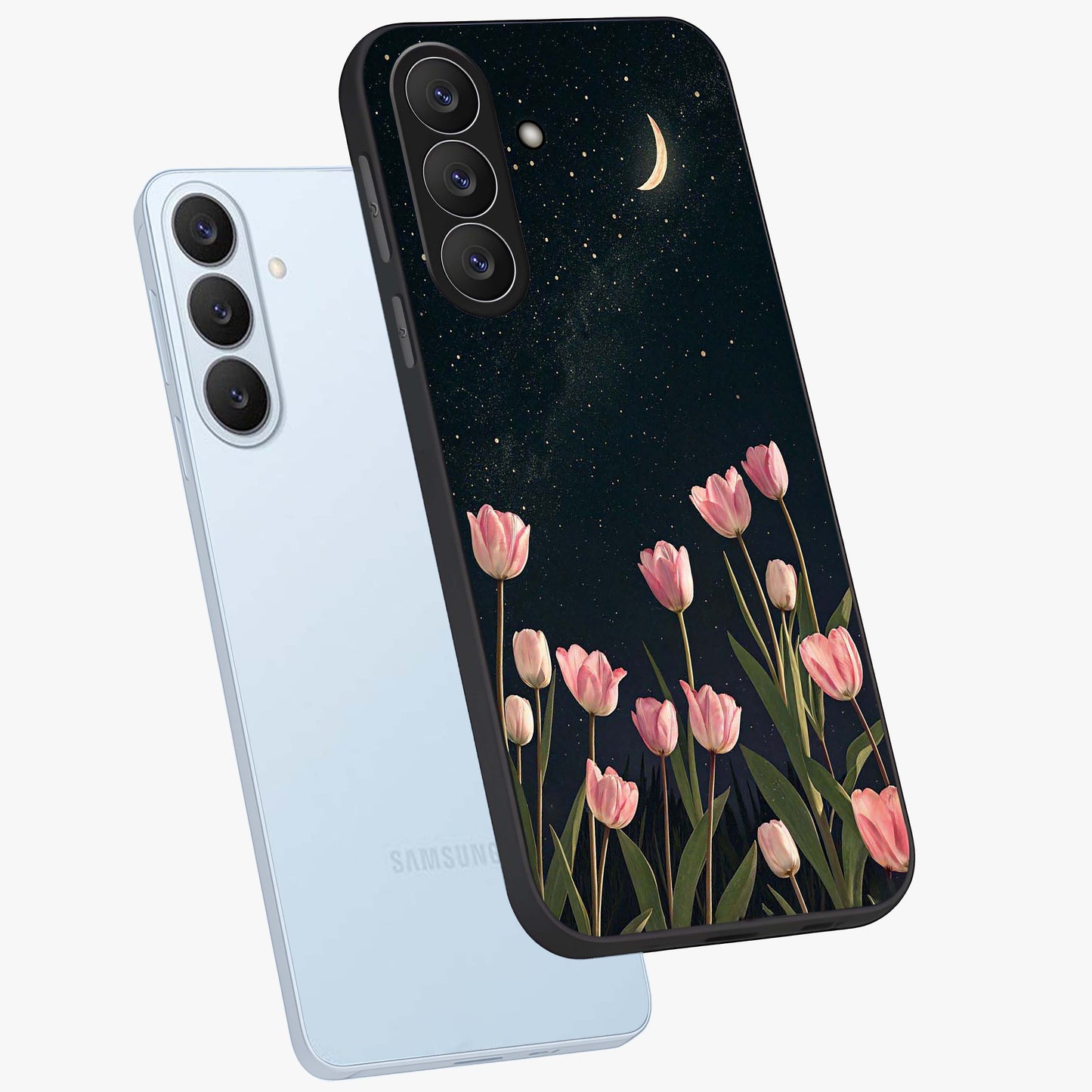 Midnight Tulip Whispers Vibe Glass Case displayed in angled mockup highlighting delicate tulip design with midnight floral aesthetic.