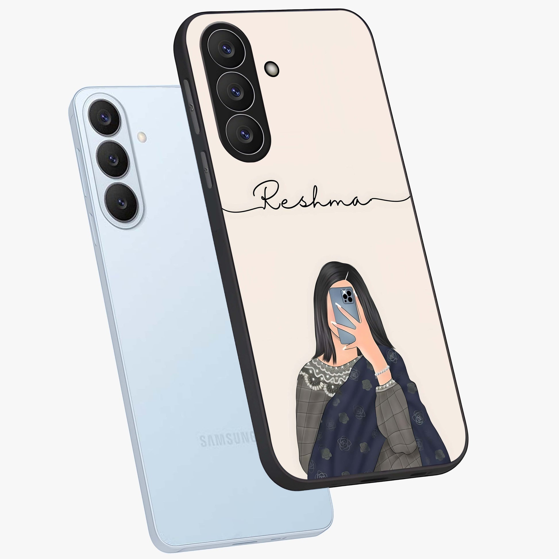 Mirror Mood Muse With Custom Name Glass Case displayed in angled mockup highlighting aesthetic mirror inspired design with custom name feature.