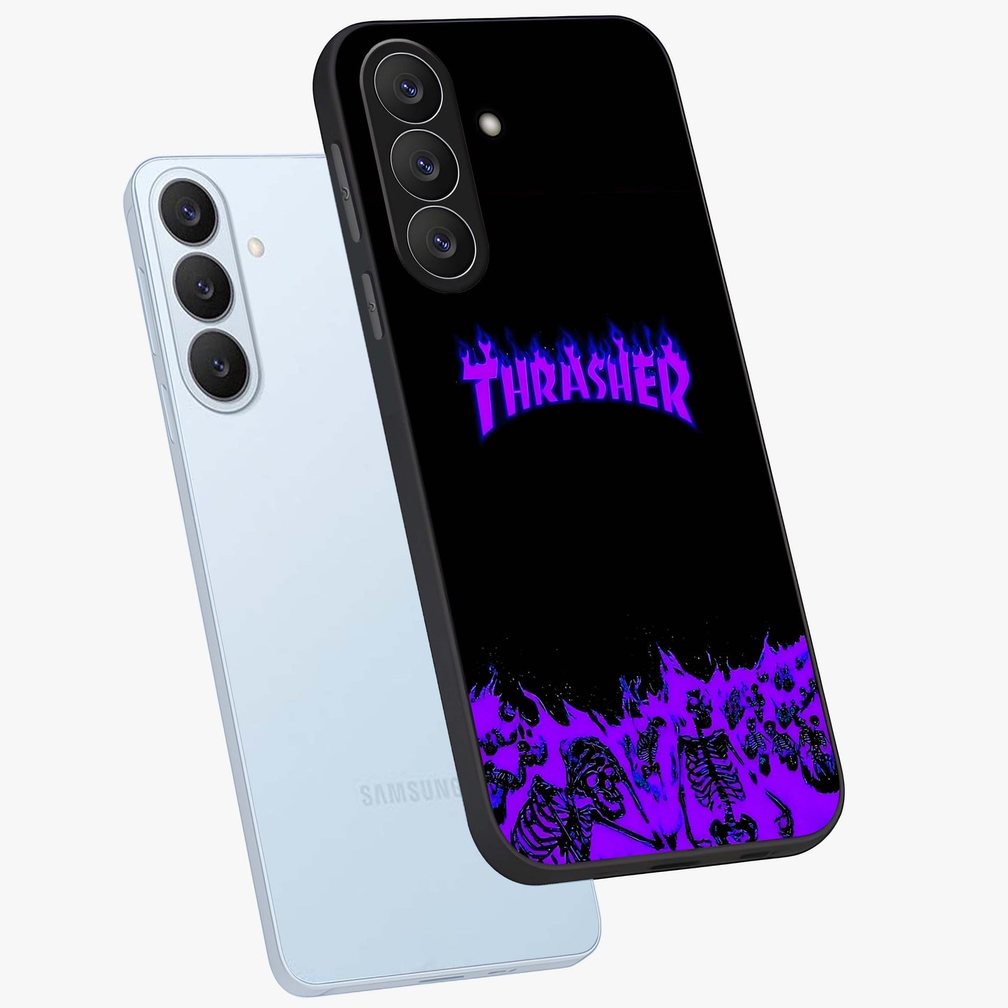 Neon Flame Riot Glass Case displayed in angled mockup highlighting glowing flame design with vibrant neon aesthetic.