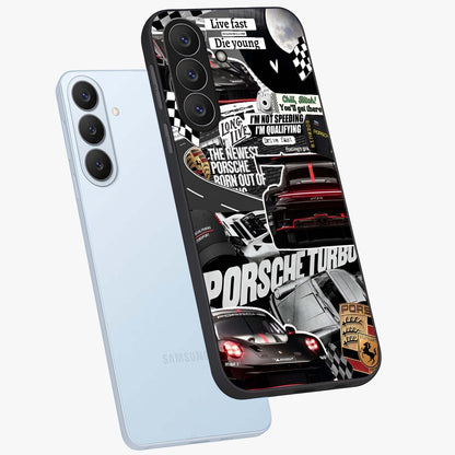 Porsche Racing Collage Glass Case displayed in angled mockup highlighting dynamic automotive design with bold racing aesthetic.