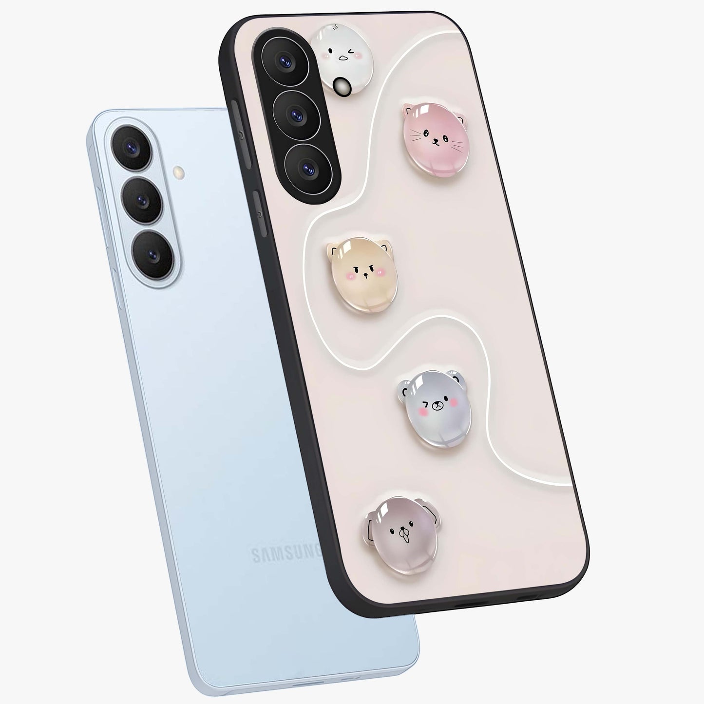 Puffy Face Parade Glass Case displayed in angled mockup highlighting playful cartoon face design with fun aesthetic.