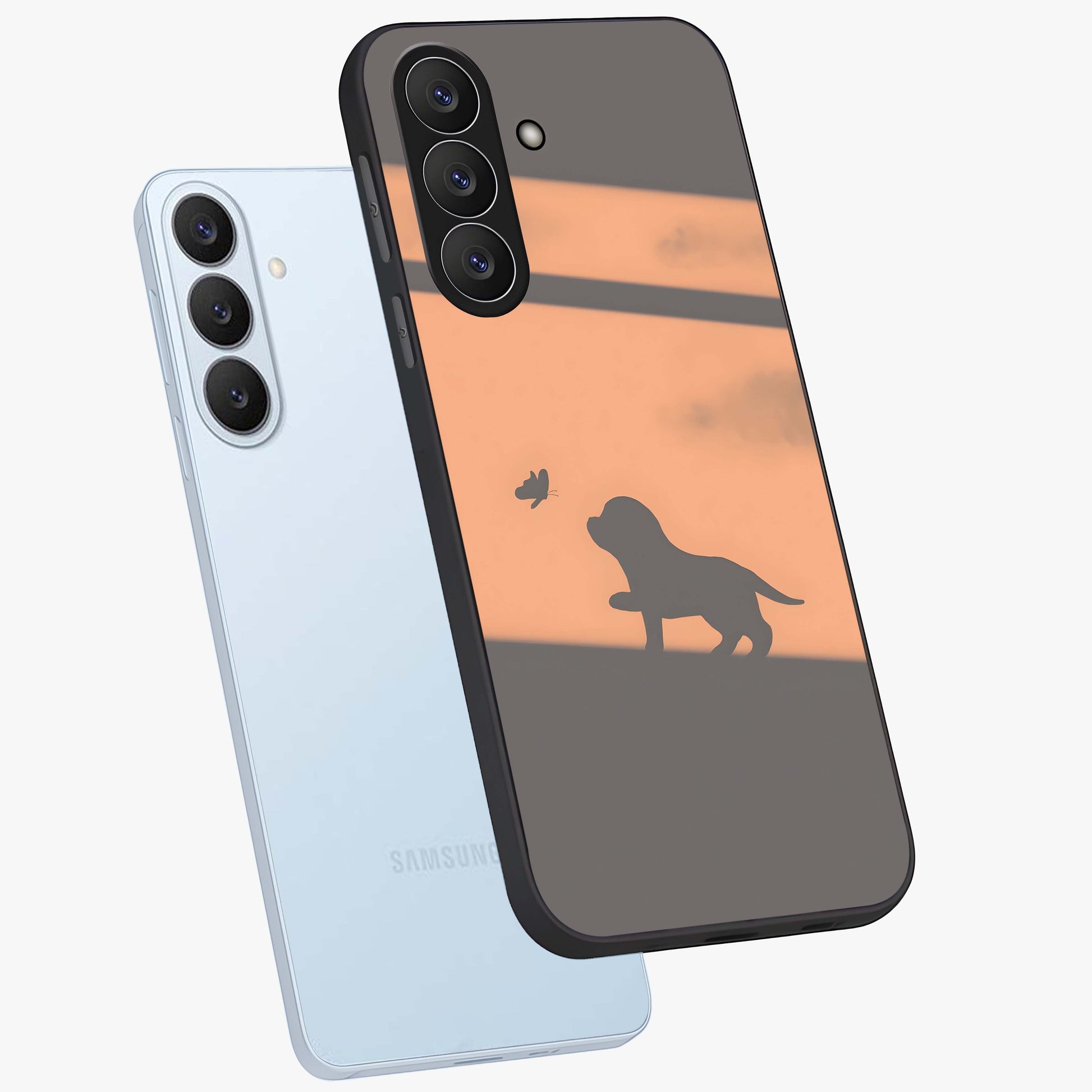 Puppy Shadow Art Glass Case displayed in angled mockup highlighting playful dog illustration with artistic shadow aesthetic.