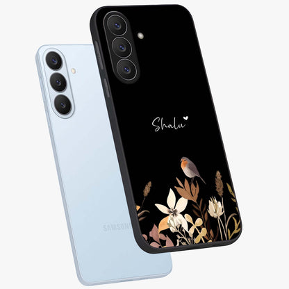 Quiet Garden Tune Custom Name Glass Case displayed in angled mockup highlighting delicate floral garden design with custom name feature.