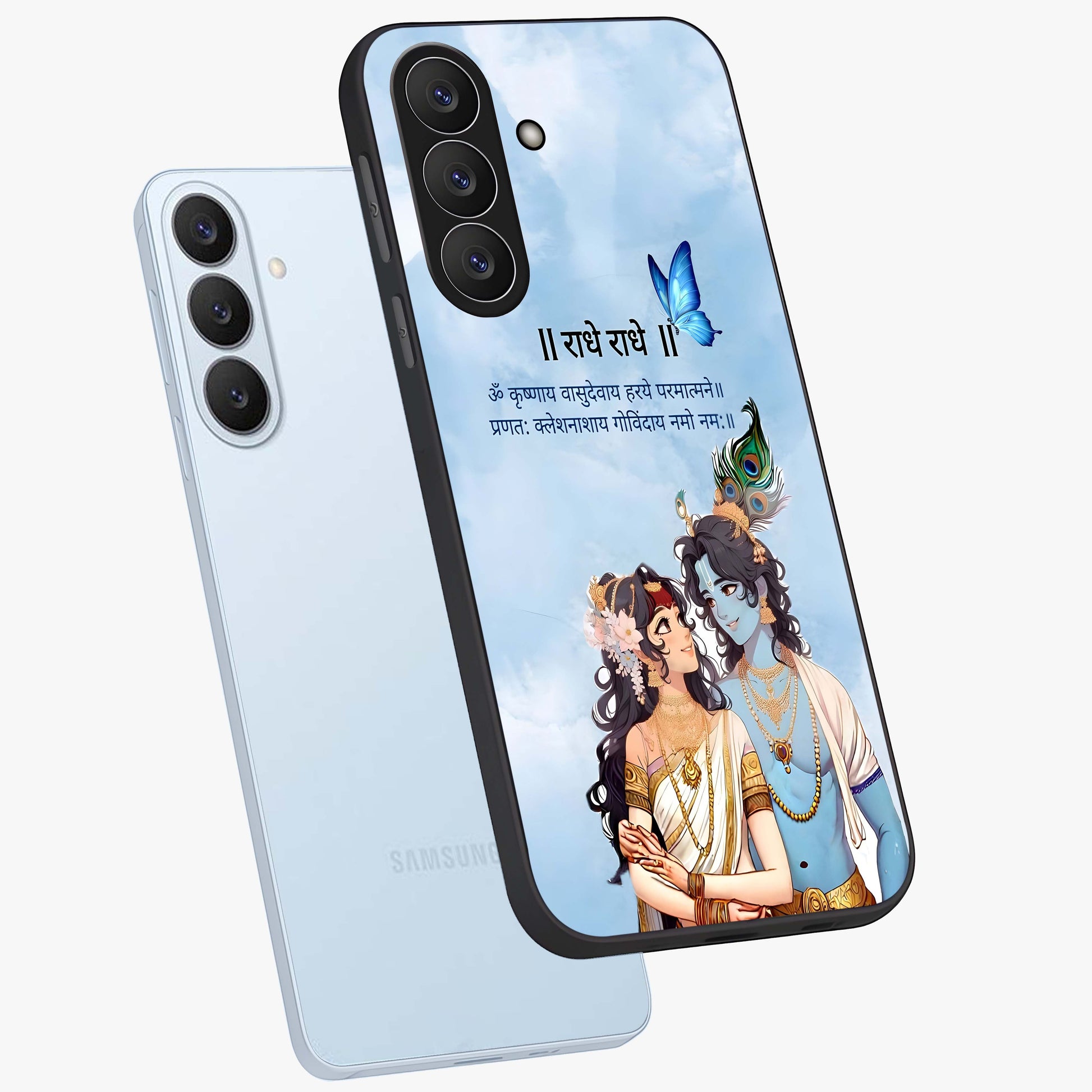 Radha Krishna Eternal Glass Case displayed in angled mockup highlighting divine Radha Krishna illustration with spiritual aesthetic.