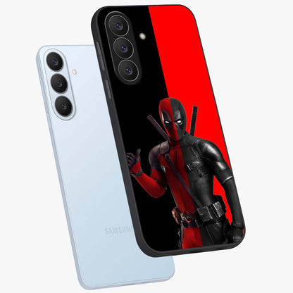 Red & Black Deadpool Theme Glass Case displayed in angled mockup highlighting vibrant superhero style illustration with action aesthetic.