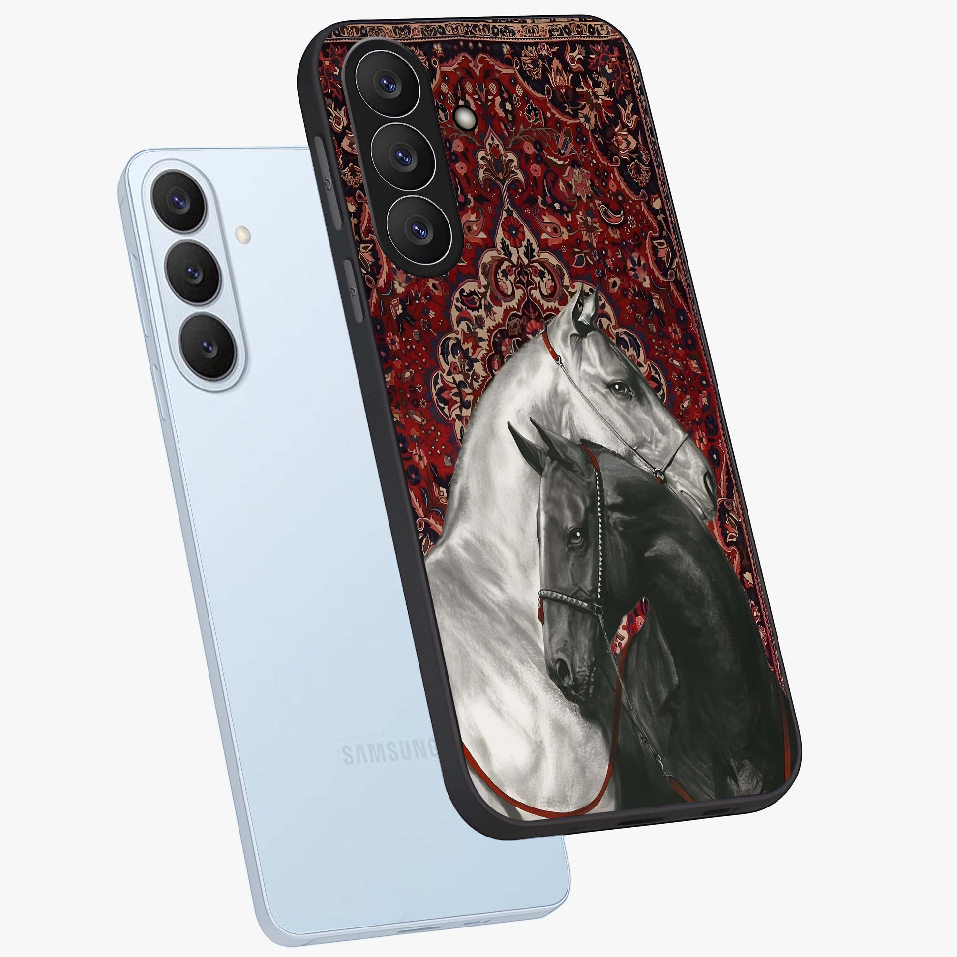 Regal Stallion Tapestry Glass Case displayed in angled mockup highlighting royal stallion design with decorative heritage aesthetic.
