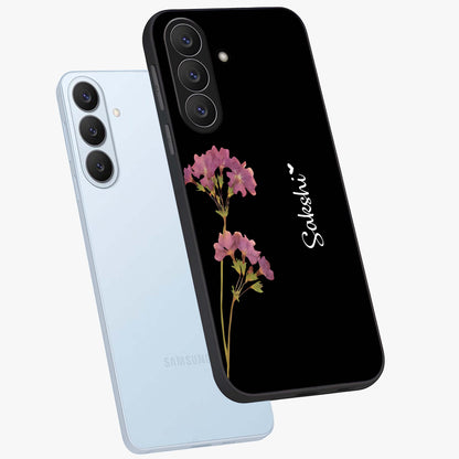 Riching Lavender Flower Custom Name Glass Case displayed in angled mockup highlighting delicate lavender flower design with custom name feature.