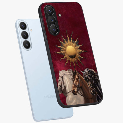 Solar Riders Glass Case displayed in angled mockup highlighting powerful rider illustration with radiant solar aesthetic.