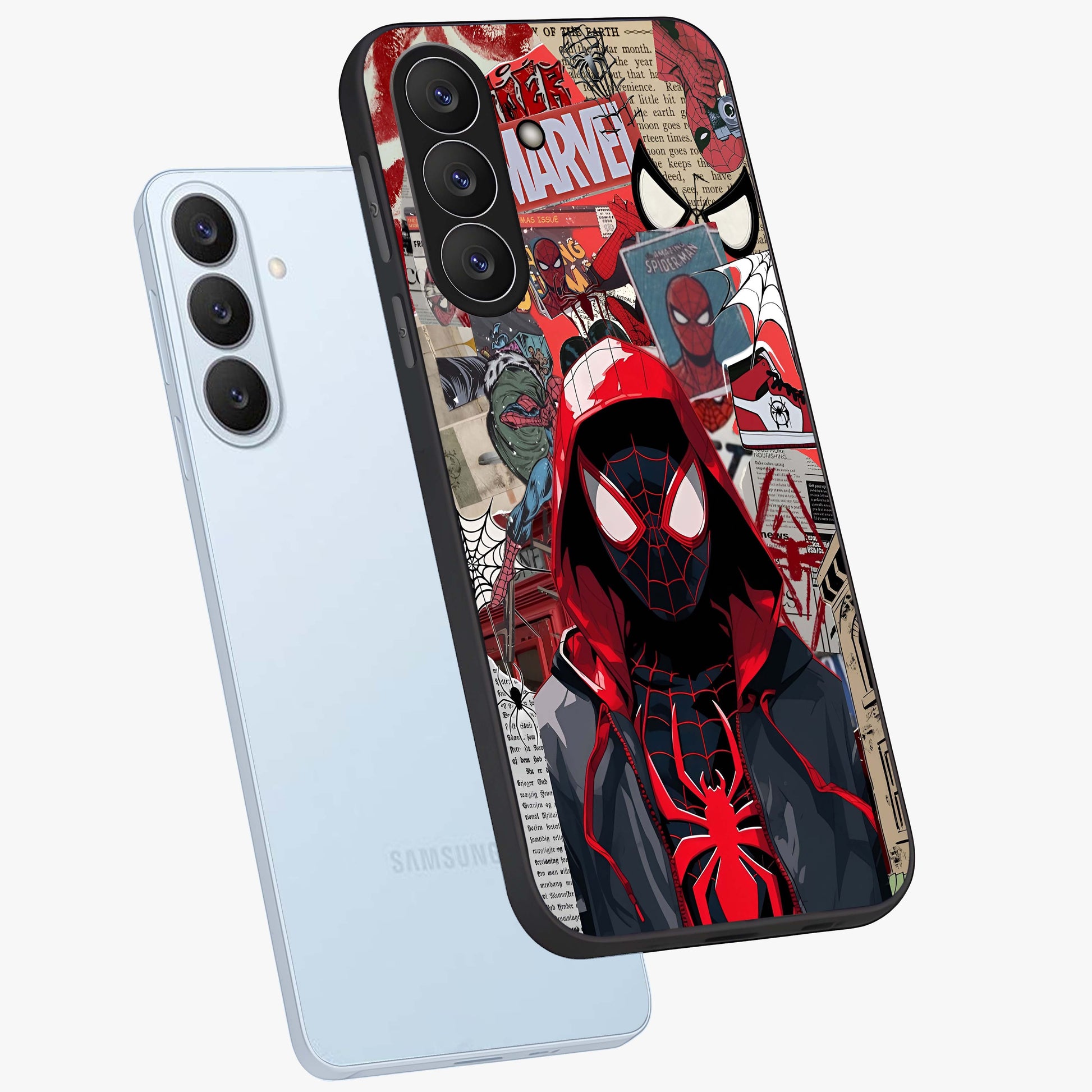 Spider Collage Street Glass Case displayed in angled mockup highlighting dynamic street style collage design with comic aesthetic.
