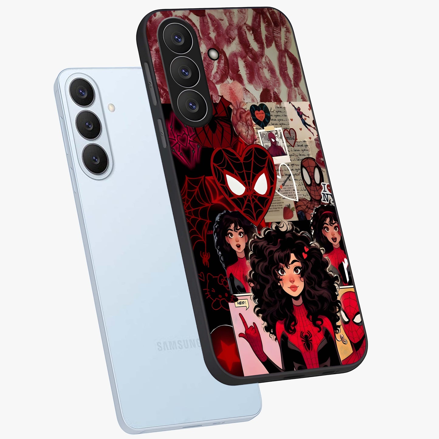 Spider Love Story Glass Case displayed in angled mockup highlighting expressive comic inspired design with playful aesthetic.