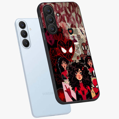 Spider Love Story Glass Case displayed in angled mockup highlighting expressive comic inspired design with playful aesthetic.