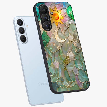 Stained Sunrise Glow Glass Case displayed in angled mockup highlighting radiant sunrise design with artistic aesthetic style.