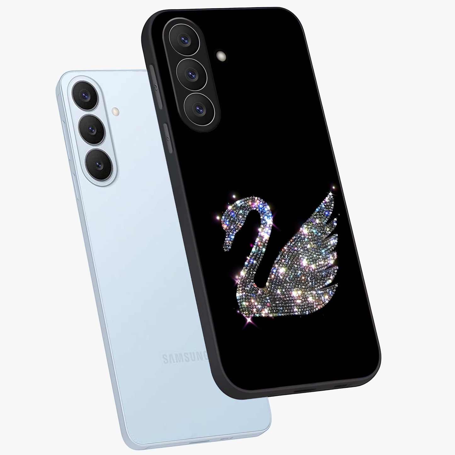 Starlit Swan Grace Glass Case displayed in angled mockup highlighting elegant swan illustration with dreamy celestial aesthetic.