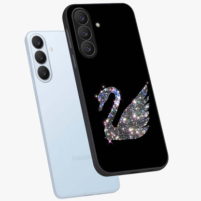 Starlit Swan Grace Glass Case displayed in angled mockup highlighting elegant swan illustration with dreamy celestial aesthetic.