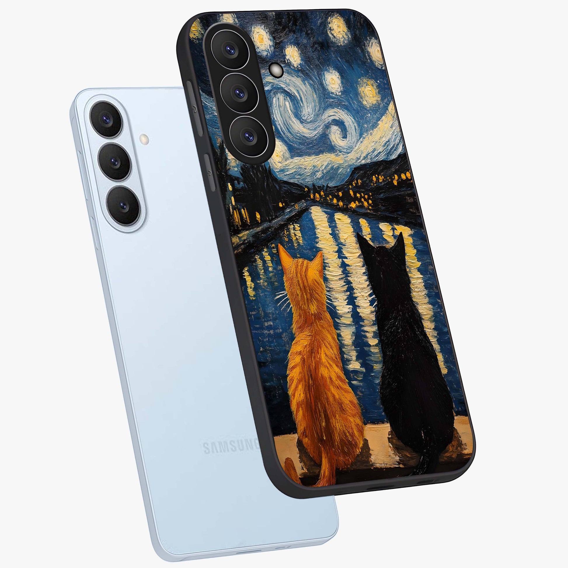 Starry River Cats Glass Case displayed in angled mockup highlighting charming feline illustration with dreamy night aesthetic.