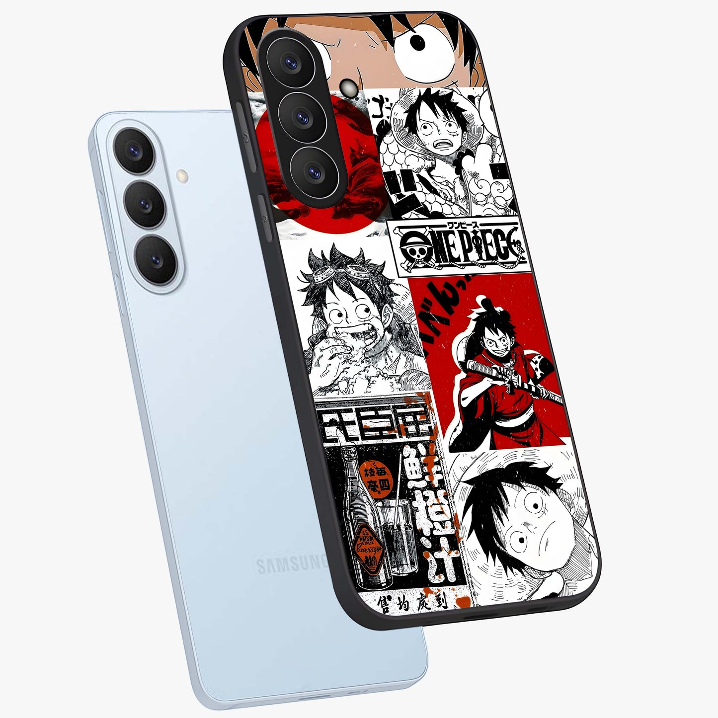 Strawhat Chaos Panels Glass Case displayed in angled mockup highlighting vibrant anime collage design with action aesthetic.