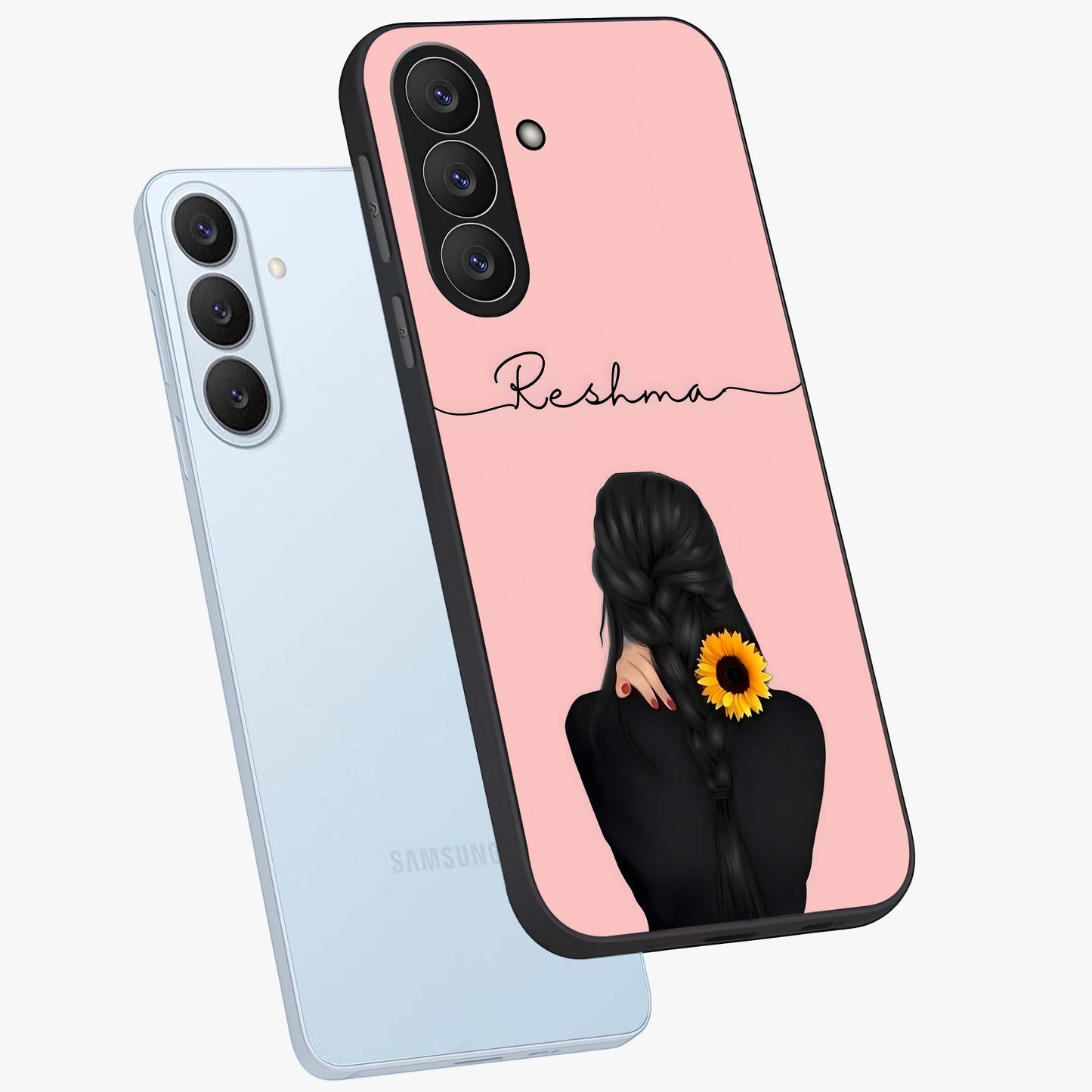 Sunflower Braid Beauty With Custom Name Glass Case displayed in angled mockup highlighting elegant sunflower design with custom name feature.