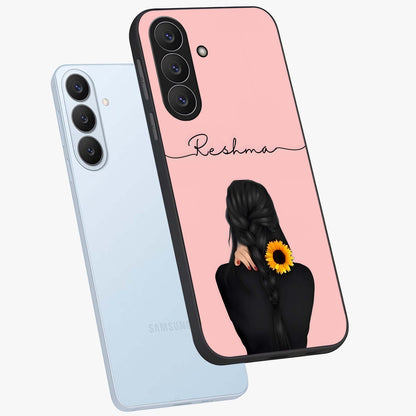 Sunflower Braid Beauty With Custom Name Glass Case displayed in angled mockup highlighting elegant sunflower design with custom name feature.