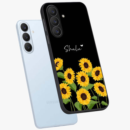 Sunflower Chic Mood Custom Name Glass Case displayed in angled mockup highlighting vibrant sunflower design with custom name feature.