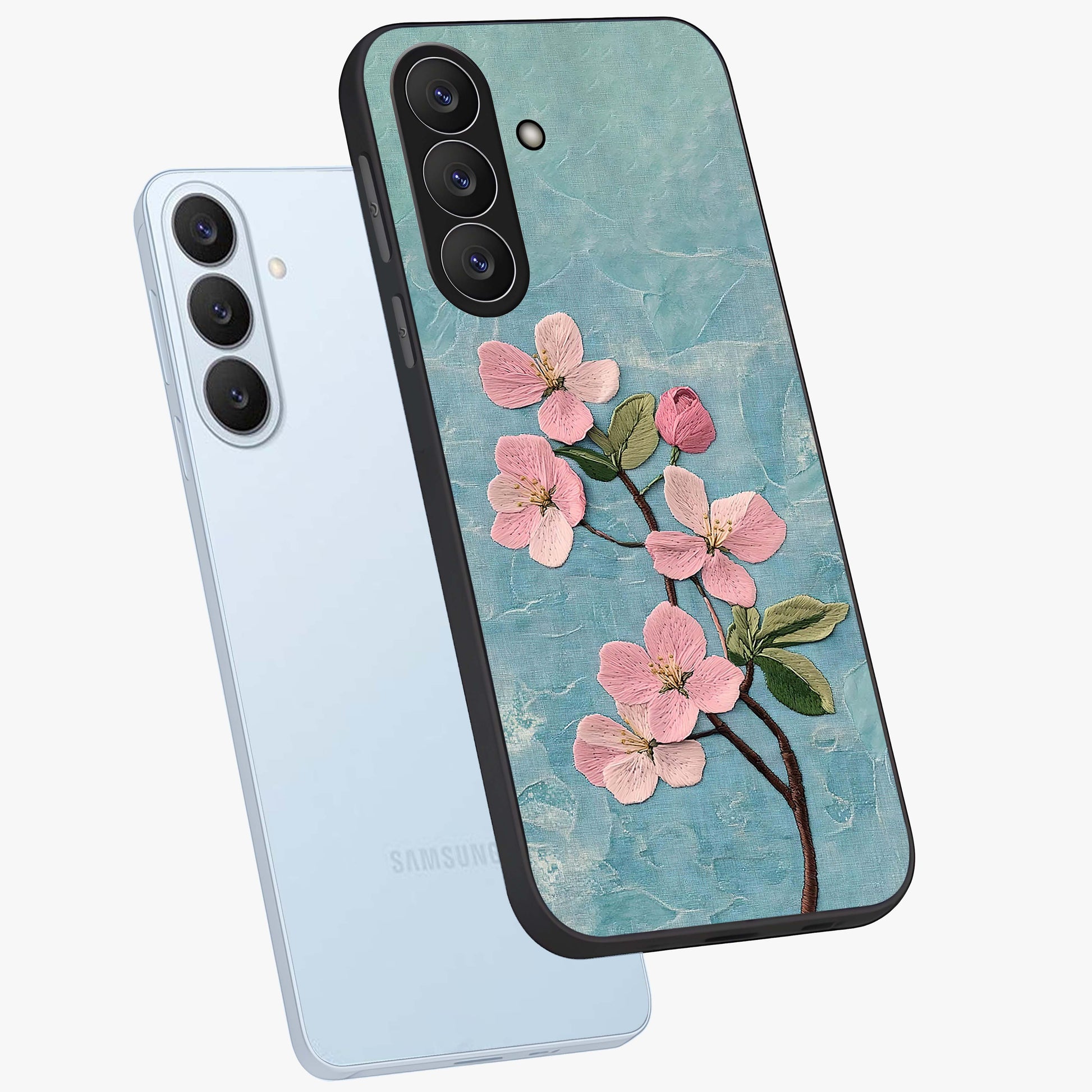 Threaded Blossom Breeze Glass Case displayed in angled mockup highlighting elegant floral design with soft aesthetic style.