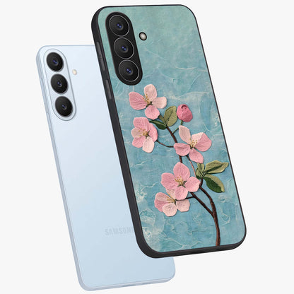 Threaded Blossom Breeze Glass Case displayed in angled mockup highlighting elegant floral design with soft aesthetic style.