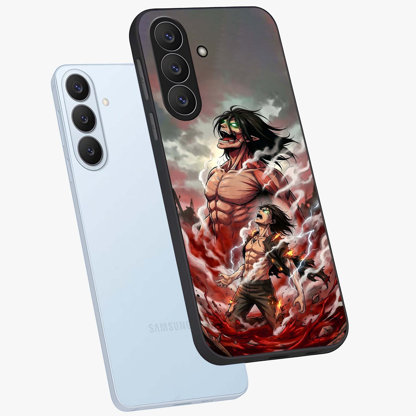 Titan Awakening Fury Glass Case displayed in angled mockup highlighting dramatic giant warrior design with bold anime aesthetic.