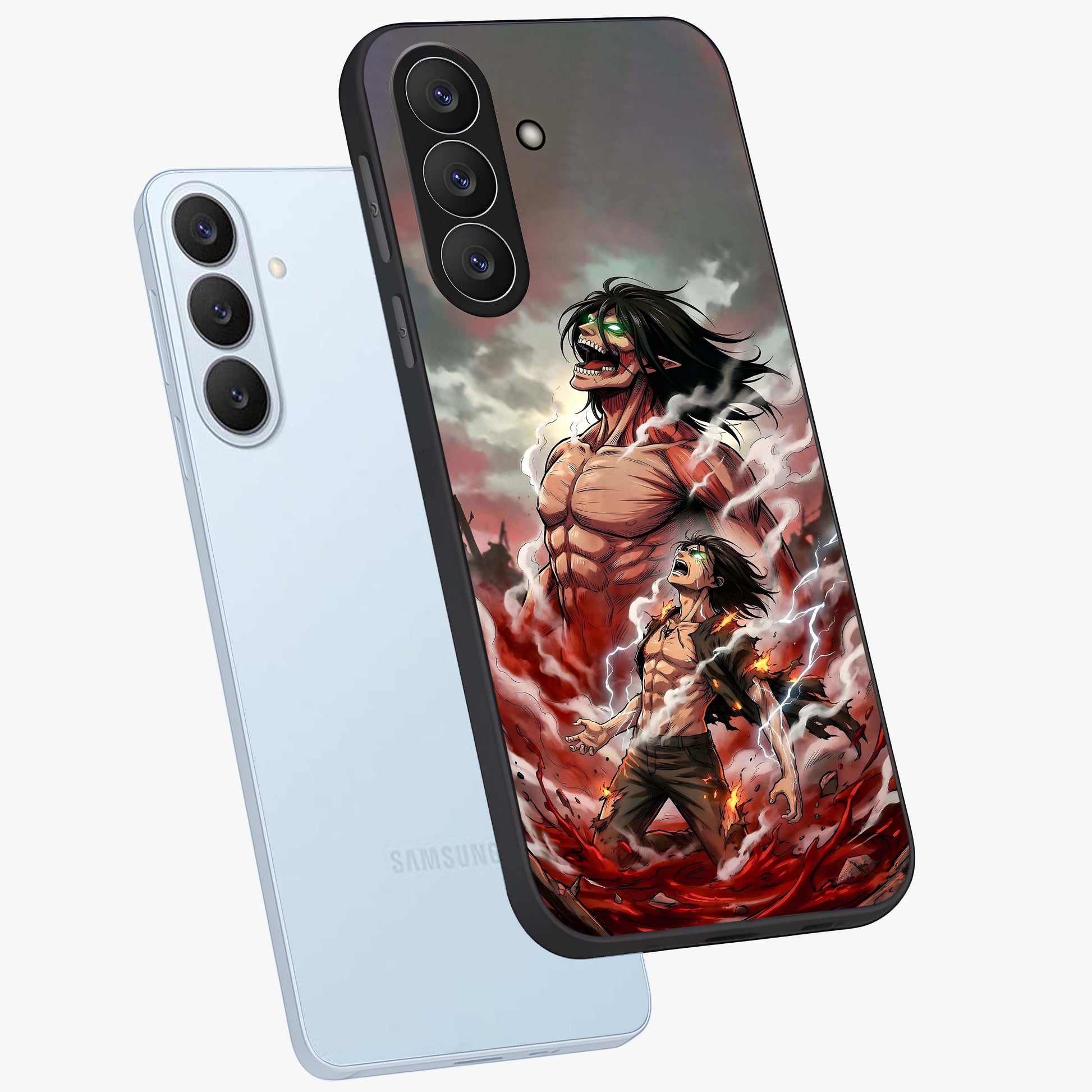 Titan Awakening Fury Glass Case displayed in angled mockup highlighting dramatic giant warrior design with bold anime aesthetic.
