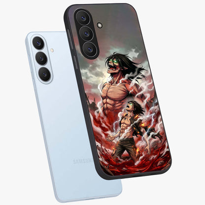 Titan Awakening Fury Glass Case displayed in angled mockup highlighting dramatic giant warrior design with bold anime aesthetic.
