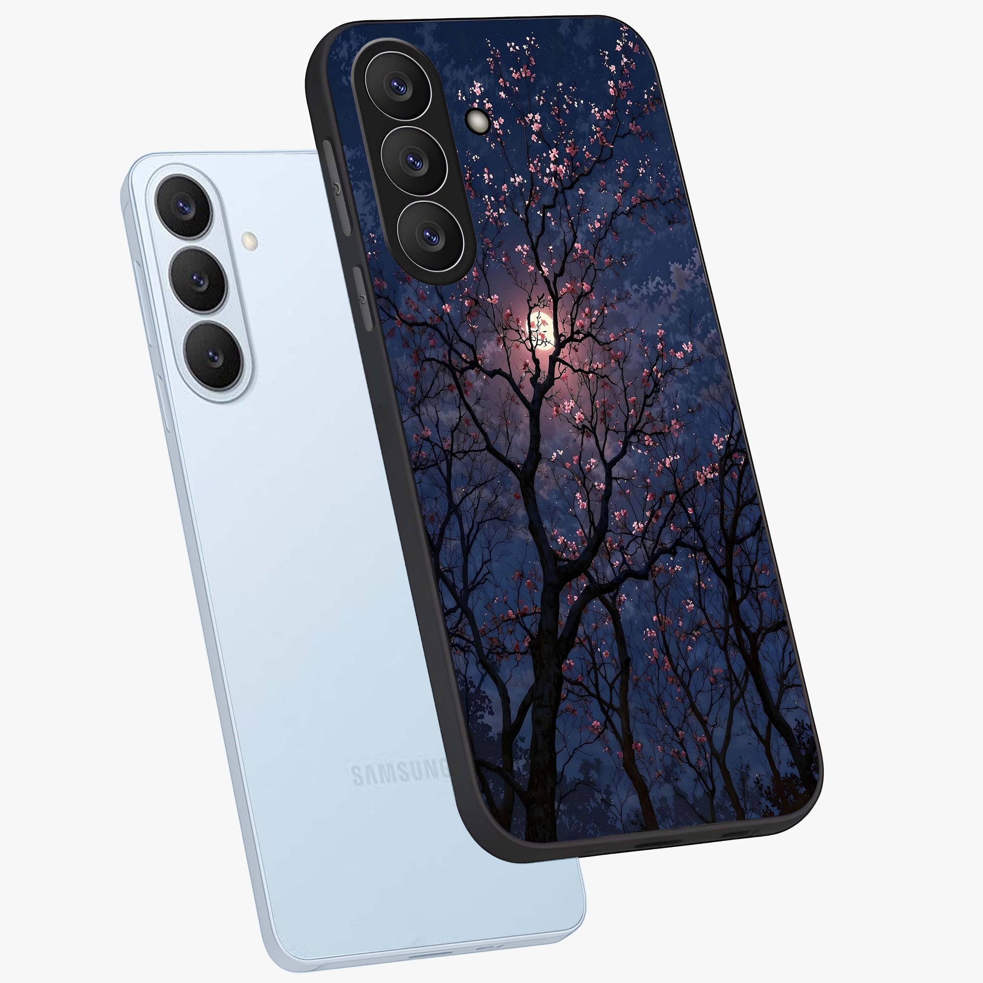 Twilight Sakura Serenade Glass Case displayed in angled mockup highlighting delicate sakura flower design with dreamy aesthetic.