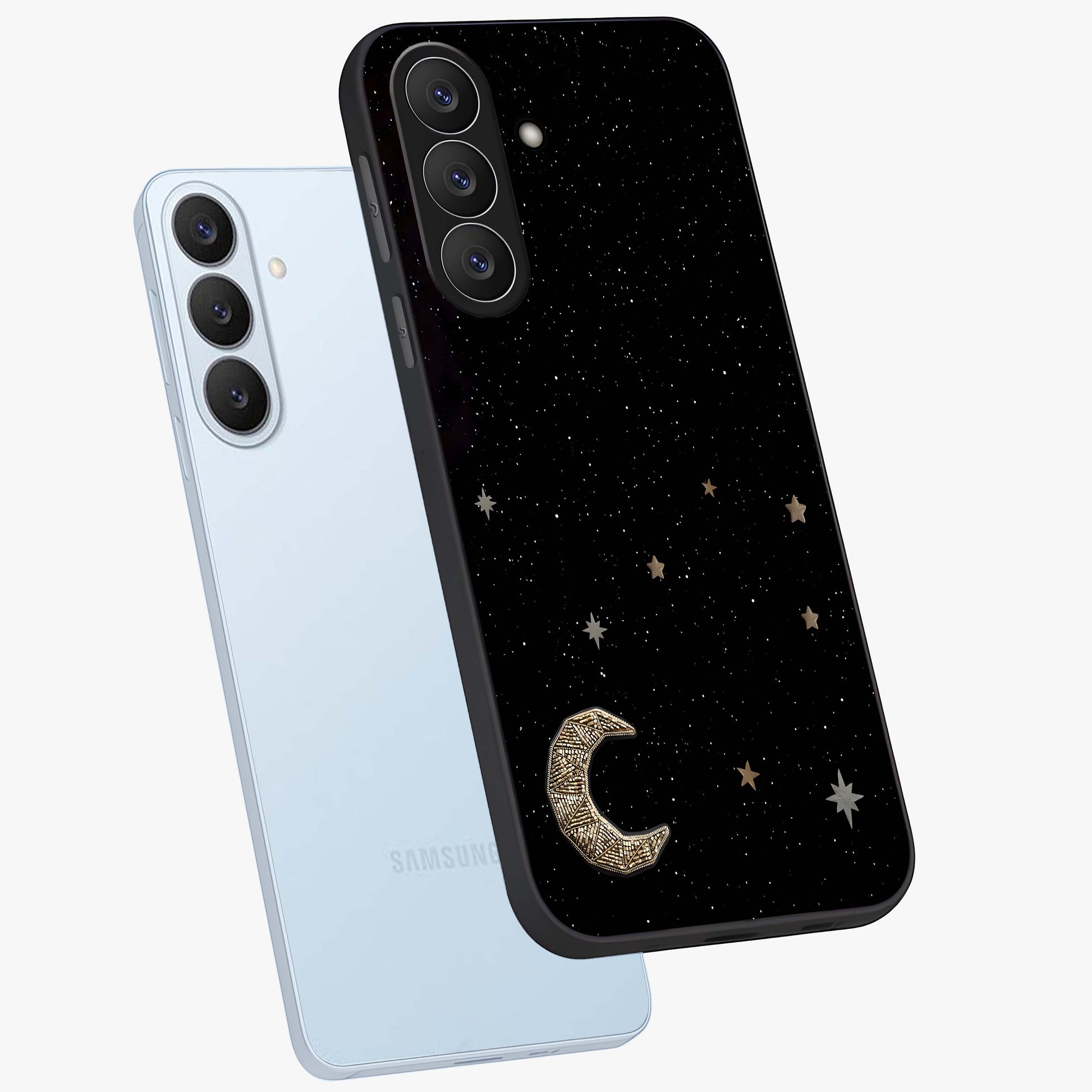 Twinkle Star With Half Moon Glass Case displayed in angled mockup highlighting celestial moon and star design with magical aesthetic.