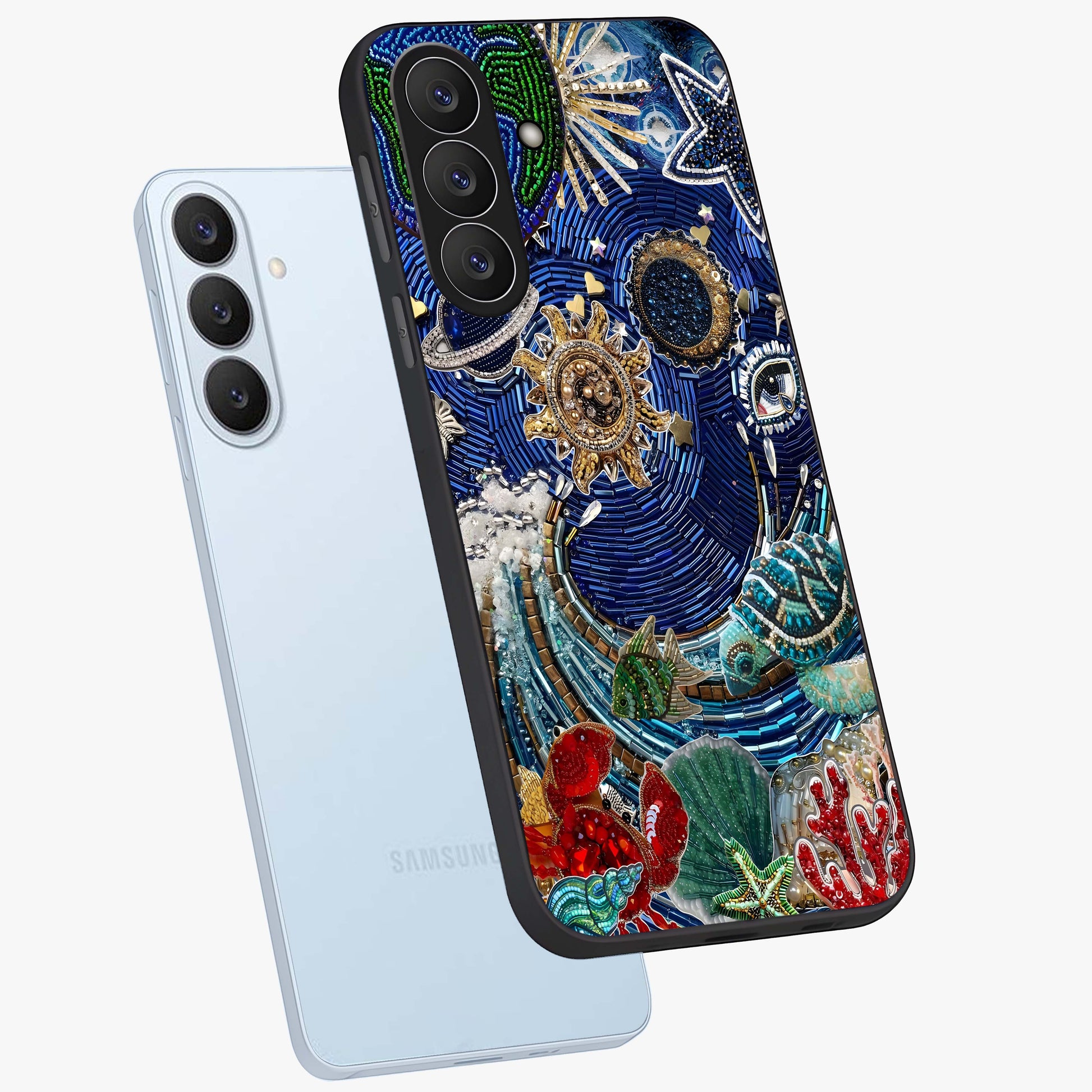 Universe Underwater Spark Glass Case displayed in angled mockup highlighting glowing aquatic design with celestial aesthetic.