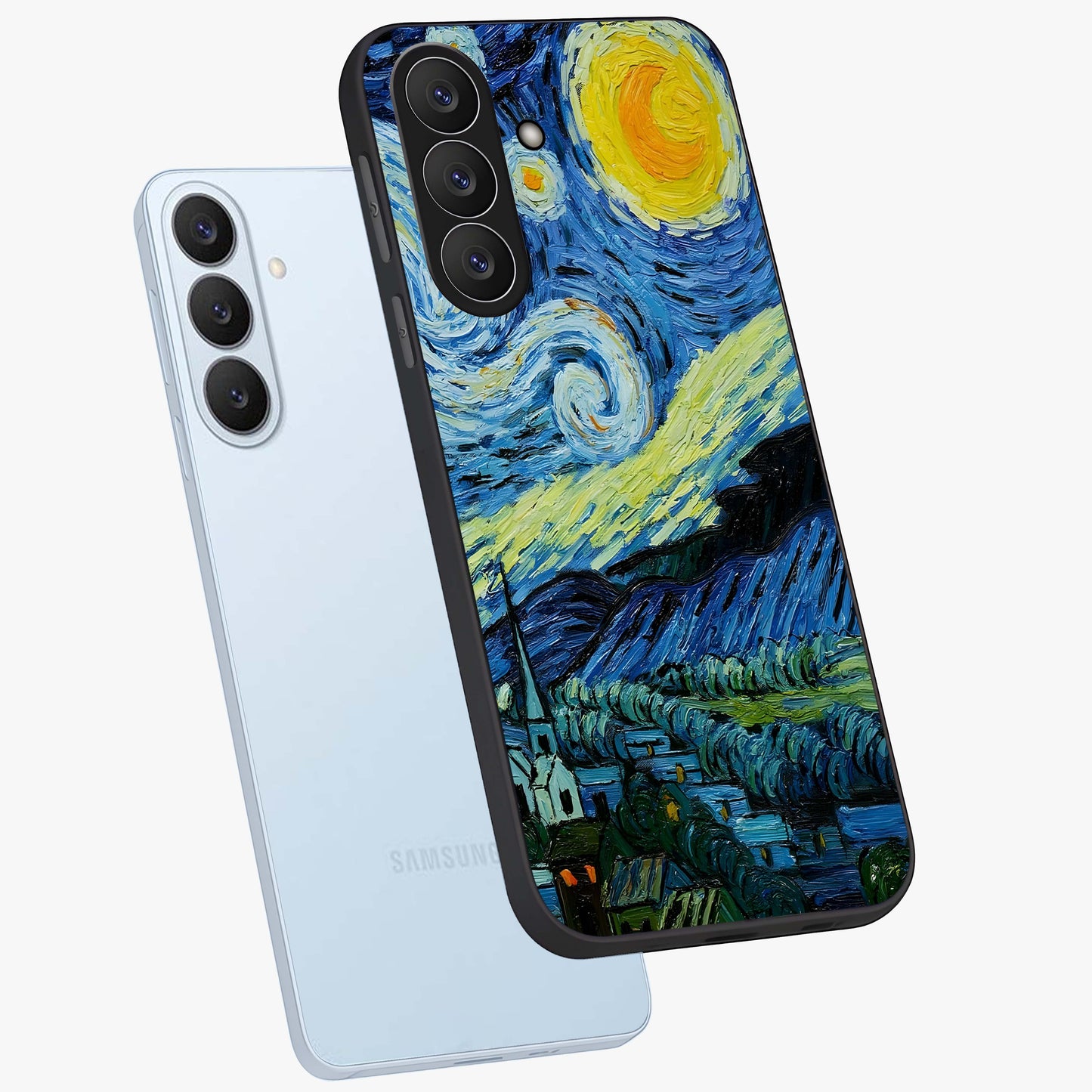 Van Gogh Art Glass Case displayed in angled mockup highlighting swirling brushstroke design with artistic aesthetic.