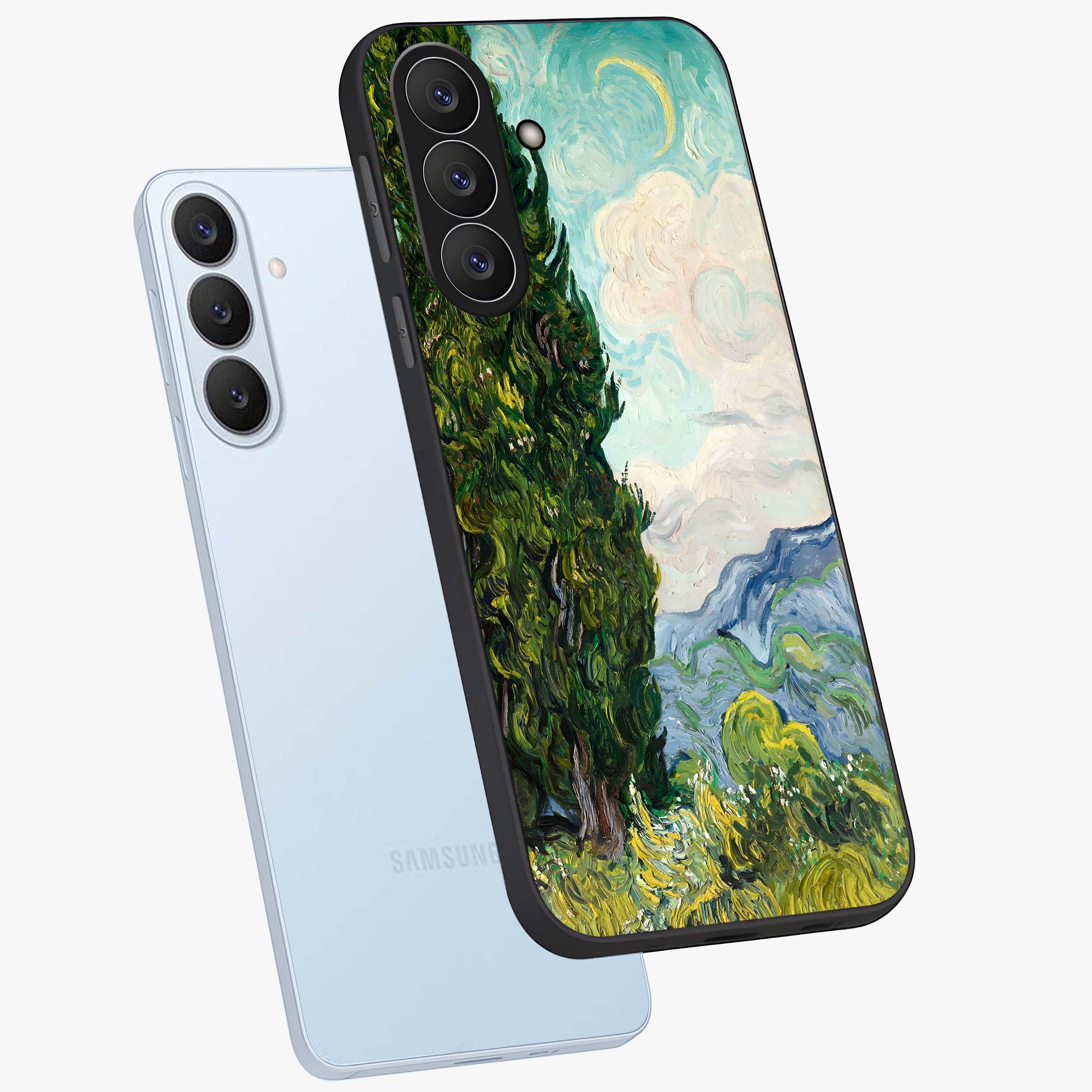 Van Gogh Vintage Art Glass Case displayed in angled mockup highlighting textured brushstroke design with classic aesthetic.
