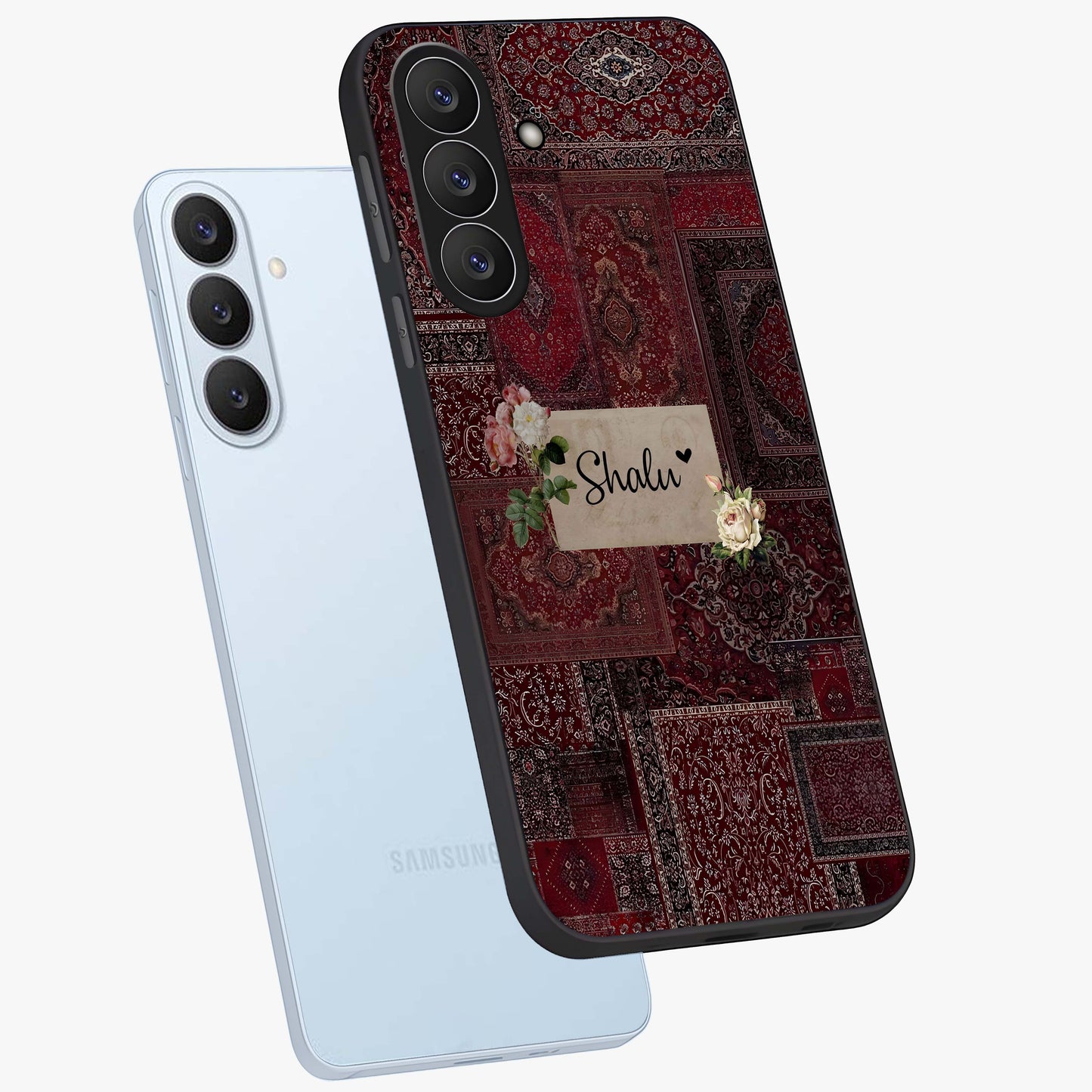 Velvet Wine Pattern Custom Name Glass Case displayed in angled mockup highlighting decorative velvet inspired design with custom name feature.