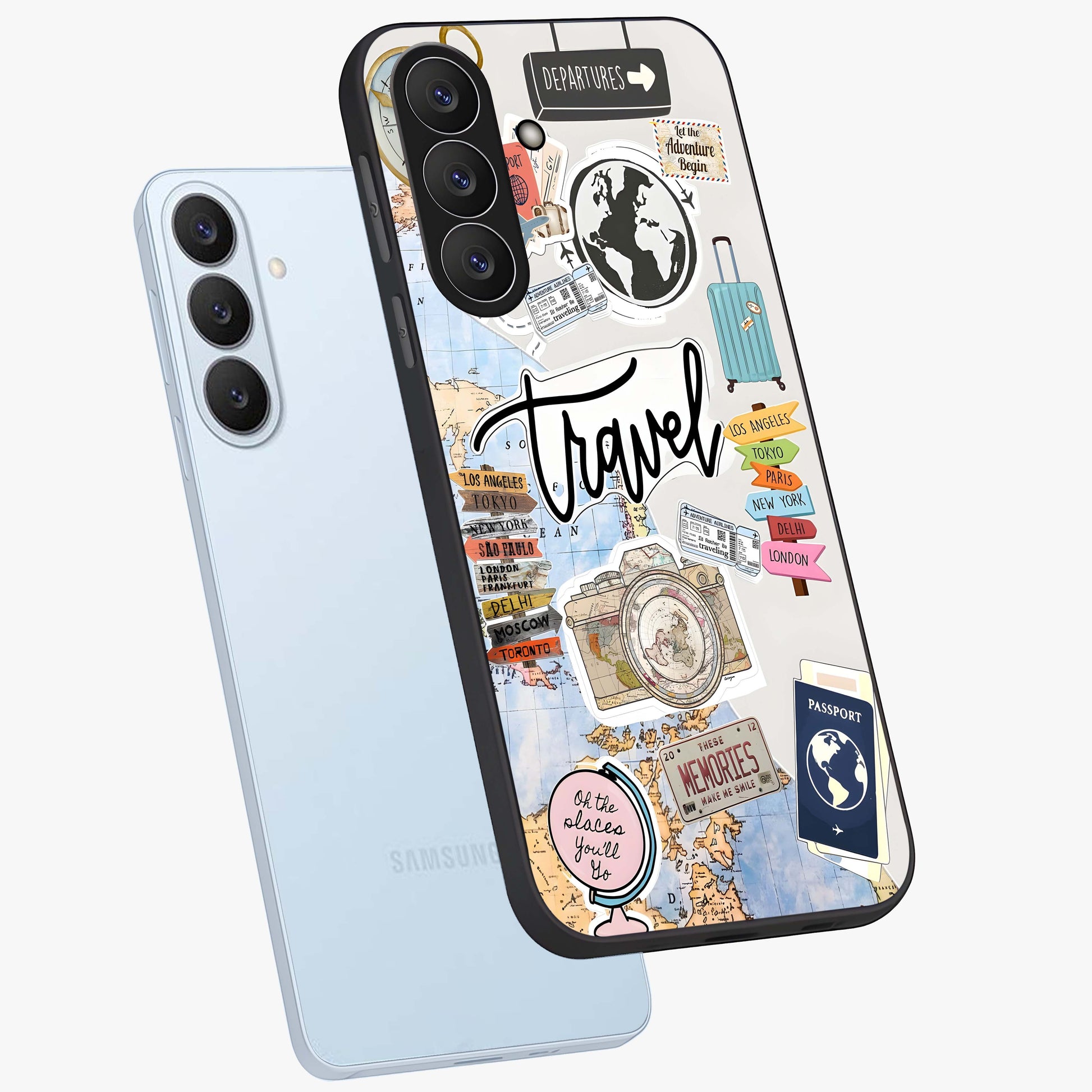 Wanderlust Journal Glass Case displayed in angled mockup highlighting adventure themed design with aesthetic travel vibe.