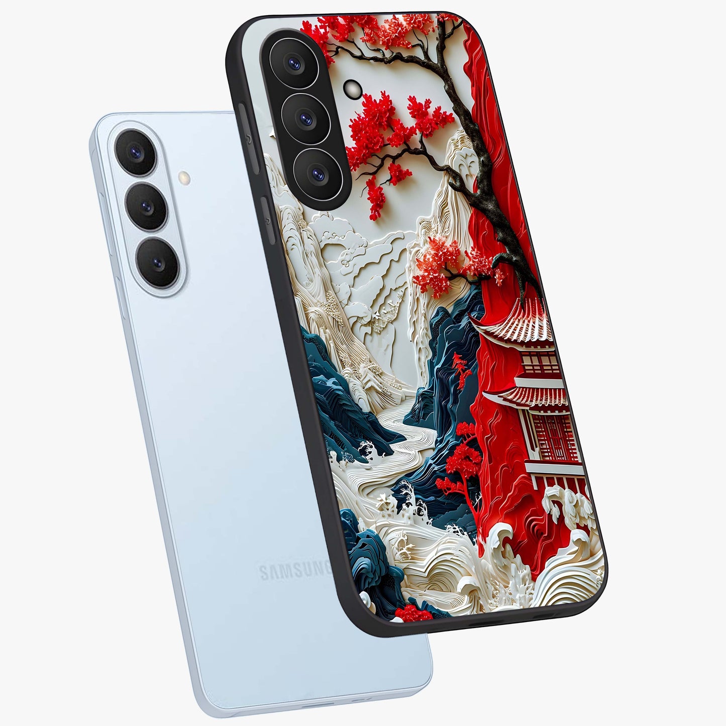 Whispers Of Sakura Waves Glass Case displayed in angled mockup highlighting flowing sakura design with soft floral aesthetic.