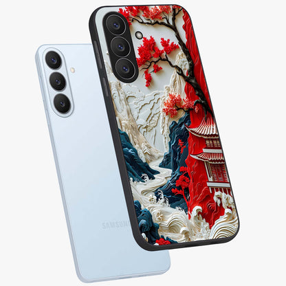 Whispers Of Sakura Waves Glass Case displayed in angled mockup highlighting flowing sakura design with soft floral aesthetic.